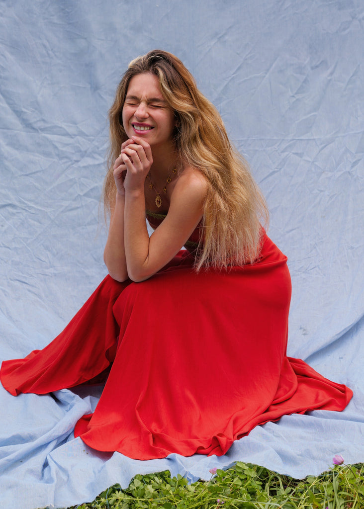 Alanis Scarlet Skirt — Red skirt on model — MYFASHIONFRUIT