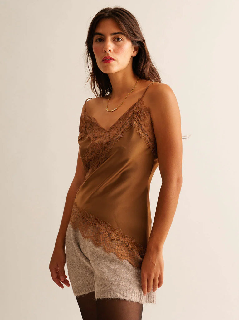 Zoey Top — Brown lace trim cami on model — MYFASHIONFRUIT
