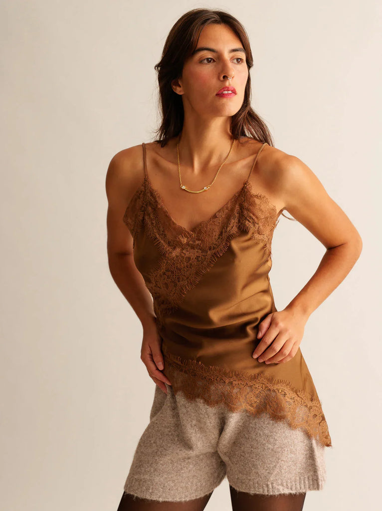 Zoey Top — Bronze, lace trim cami on model — MYFASHIONFRUIT