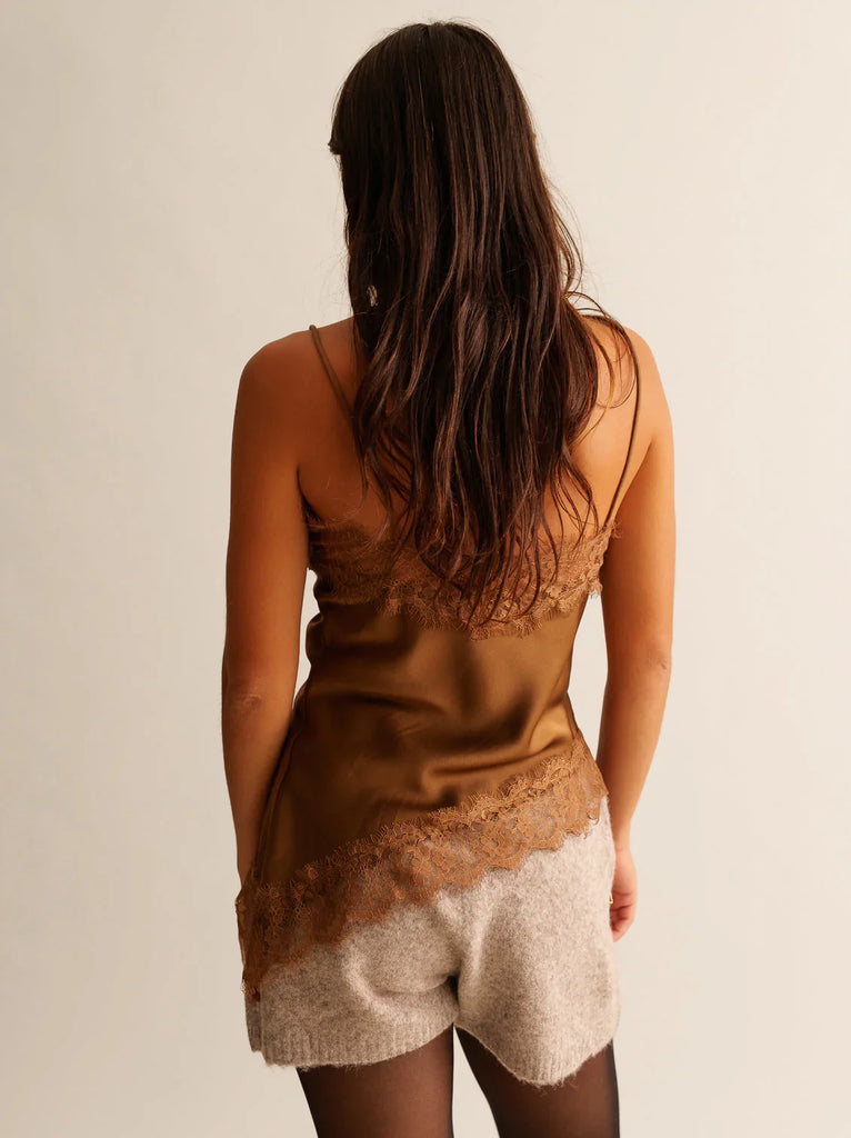 Zoey Top — Brown lace tank top on model, rear view — MYFASHIONFRUIT