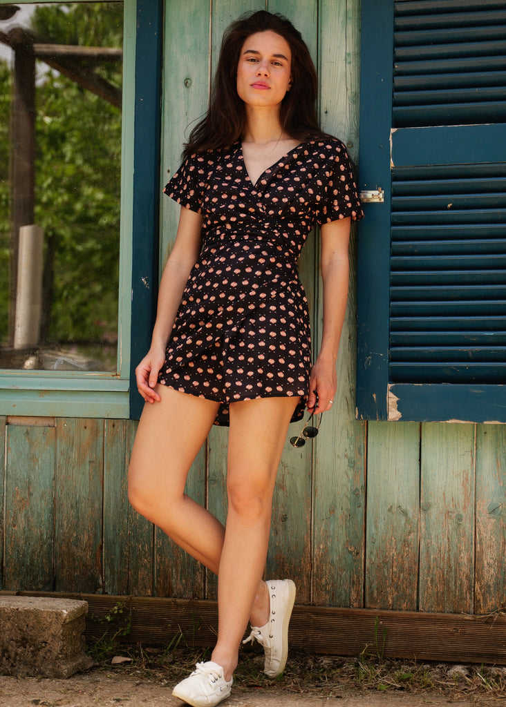 Nahla Dress — Black floral mini dress on model — MYFASHIONFRUIT
