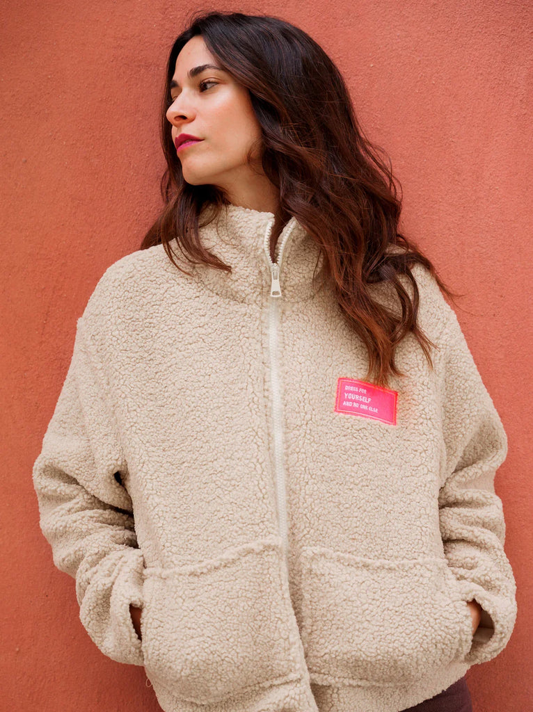 Alyeska Fleece — Beige fleece jacket on model — MYFASHIONFRUIT