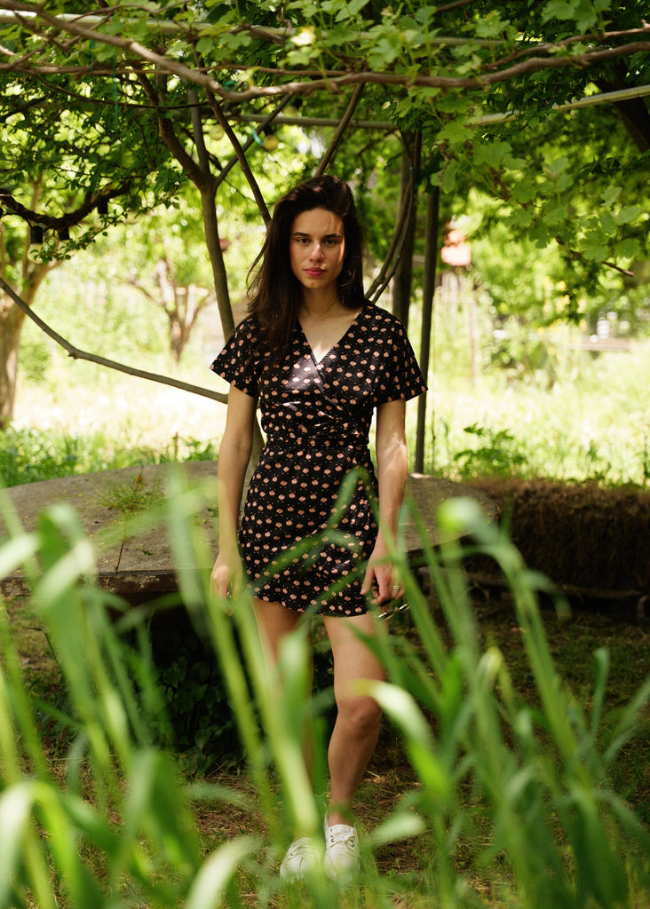 Nahla Dress — Black floral wrap dress on model — MYFASHIONFRUIT