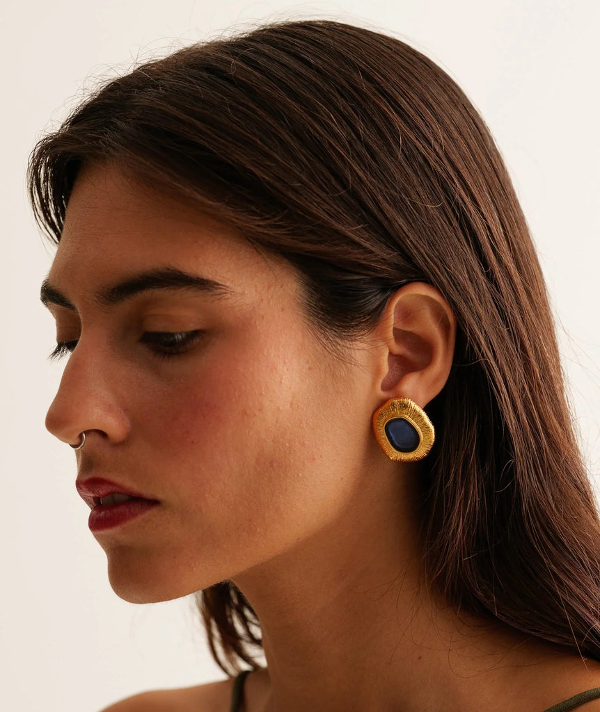 Zanyah Earrings — Gold & blue earrings on model — MYFASHIONFRUIT