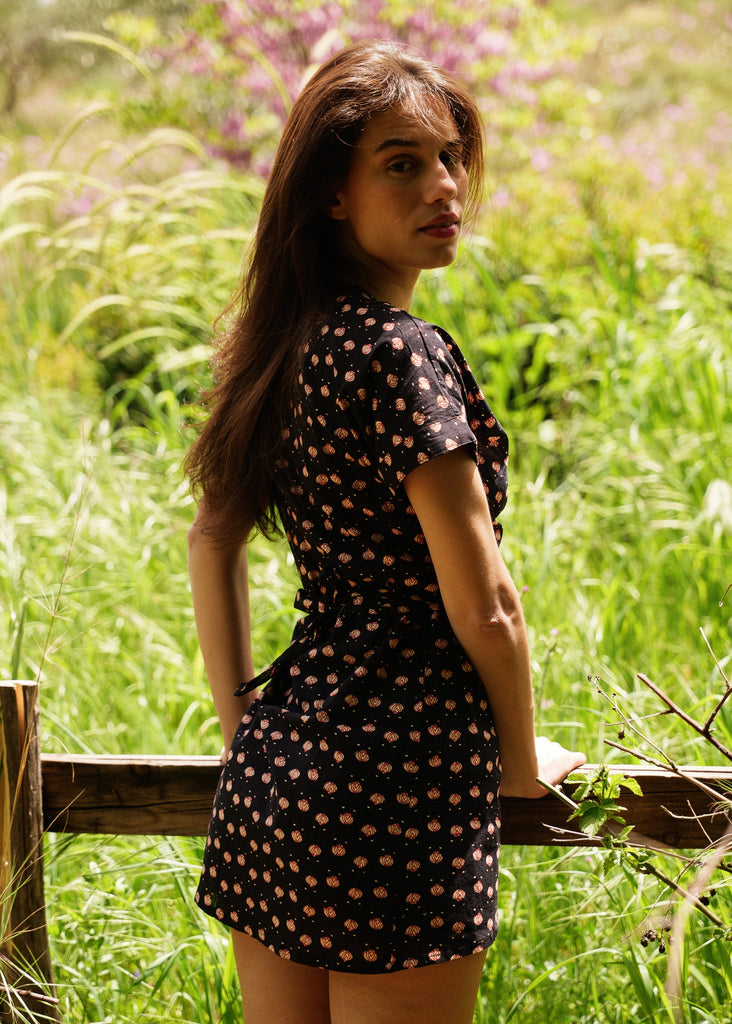 Nahla Dress — black floral mini dress on model — MYFASHIONFRUIT