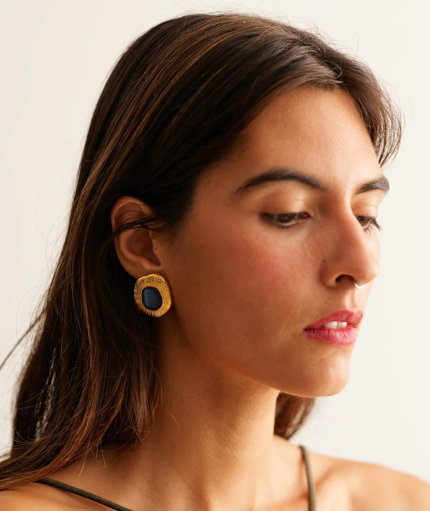 Zanyah Earrings — Woman wears gold & navy earring — MYFASHIONFRUIT