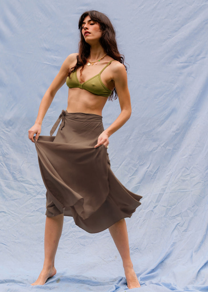 Alanis Cocoa Skirt — Brown wrap skirt on model — MYFASHIONFRUIT