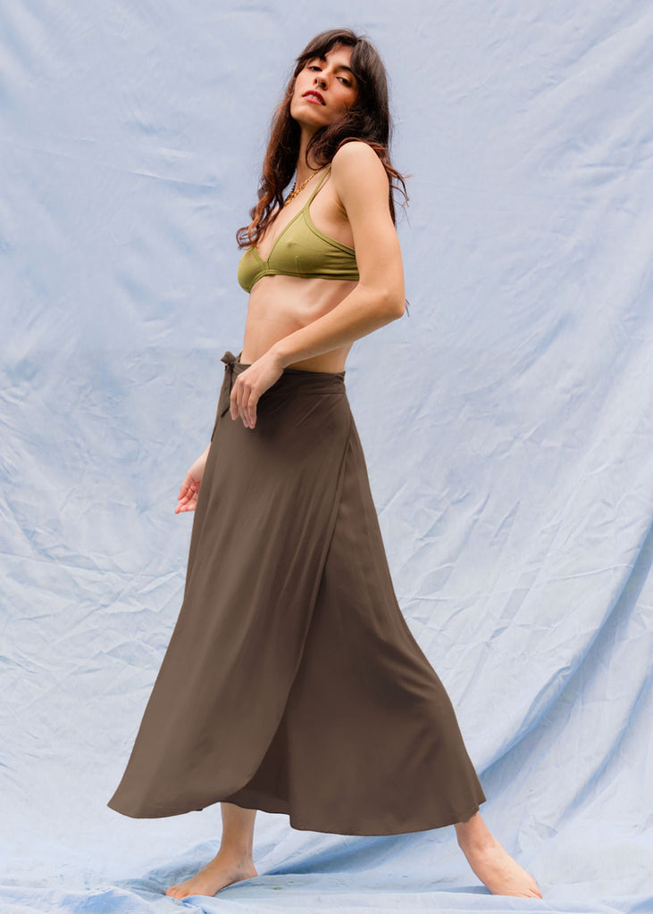 Alanis Cocoa Skirt — Brown wrap skirt on model — MYFASHIONFRUIT
