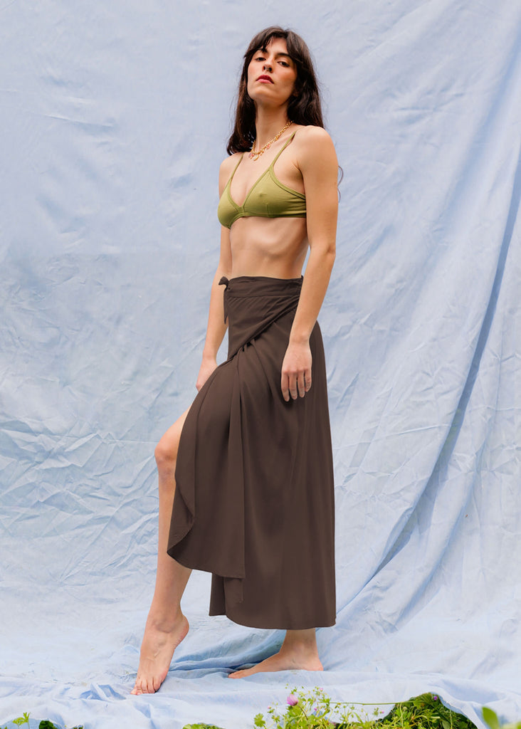 Alanis Cocoa Skirt — Brown wrap skirt on model — MYFASHIONFRUIT