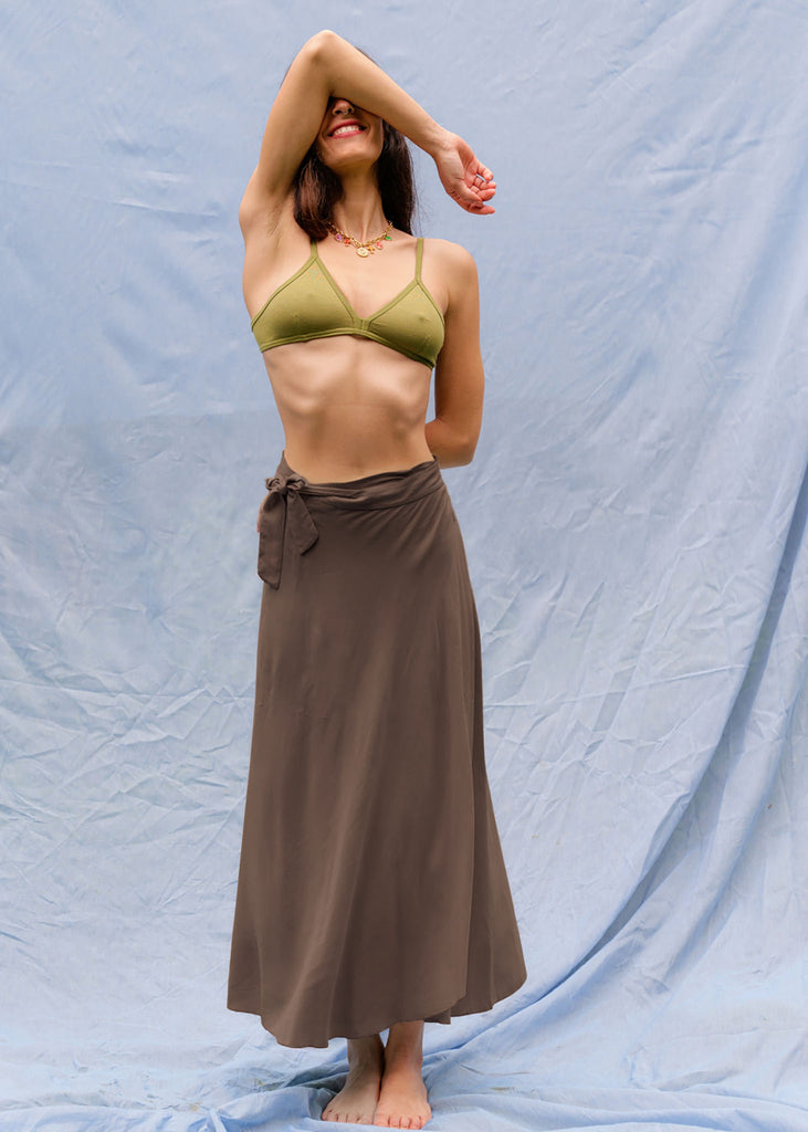Alanis Cocoa Skirt — Brown wrap skirt on model — MYFASHIONFRUIT