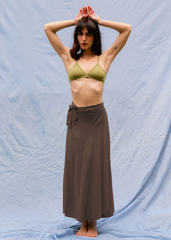 Alanis Cocoa Skirt — Brown maxi wrap skirt on model — MYFASHIONFRUIT