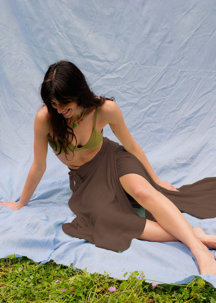 Alanis Cocoa Skirt — Brown wrap skirt on model — MYFASHIONFRUIT