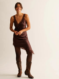 Salome Dress — Brown lace slip dress on model — MYFASHIONFRUIT