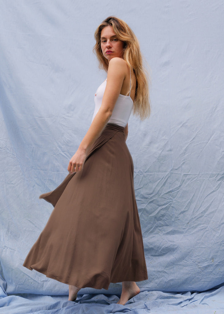 Alanis Mocha Skirt — Brown wrap skirt on model — MYFASHIONFRUIT