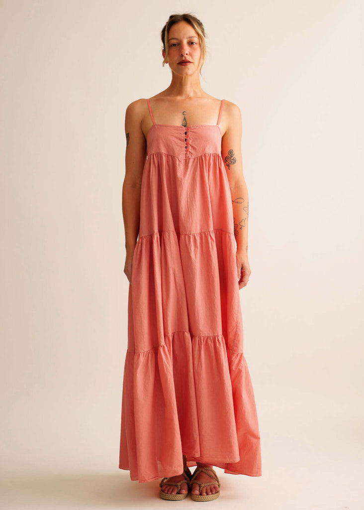 Mallorca Dress — Coral tiered maxi dress on model — MYFASHIONFRUIT