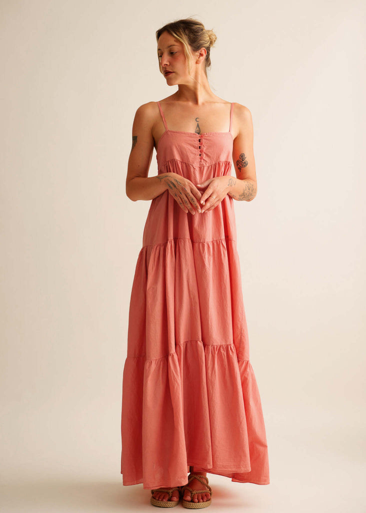 Mallorca Dress — Pink tiered maxi dress on model — MYFASHIONFRUIT