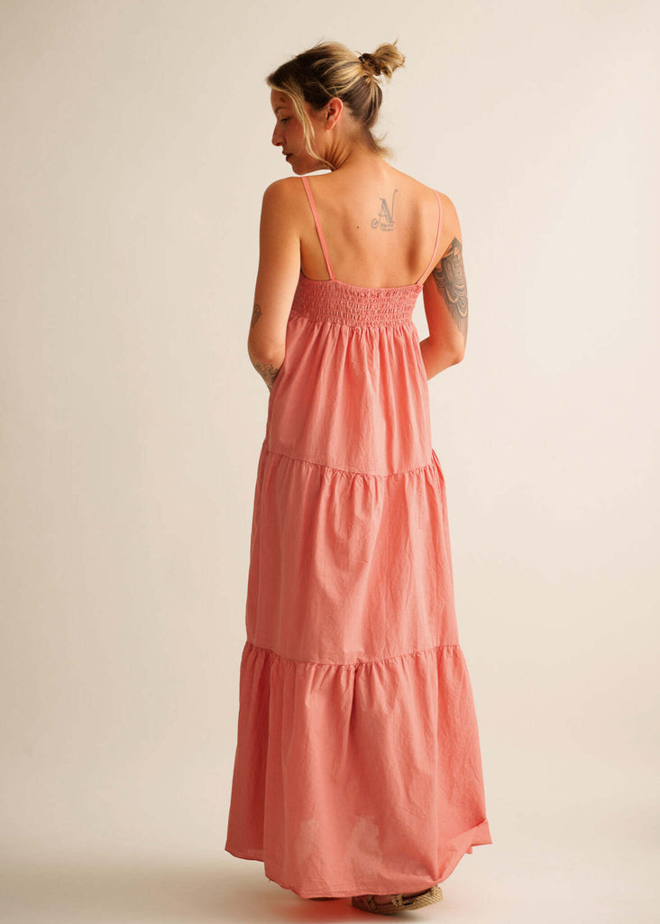 Mallorca Dress — Pink tiered maxi dress on model — MYFASHIONFRUIT