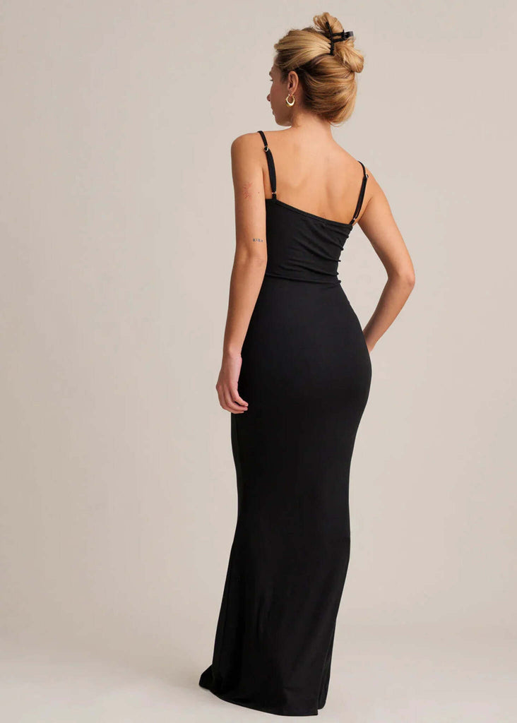 Iulia Dress — Black maxi slip dress on model, back view — MYFASHIONFRUIT