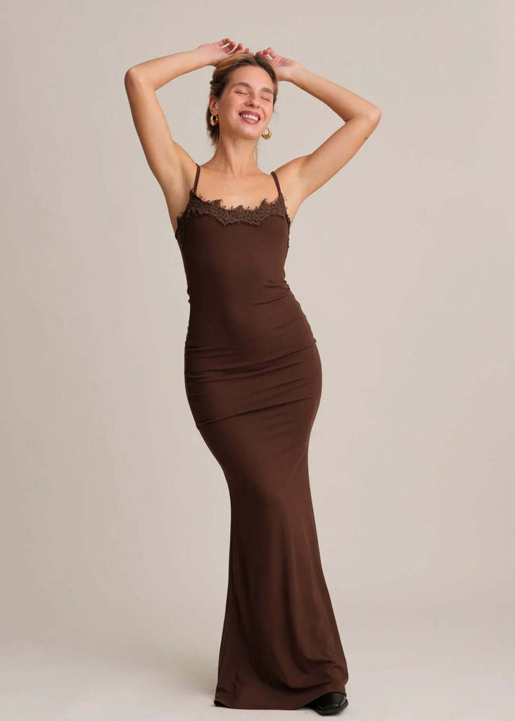 Iulia Dress — Brown maxi dress with lace, on model — MYFASHIONFRUIT