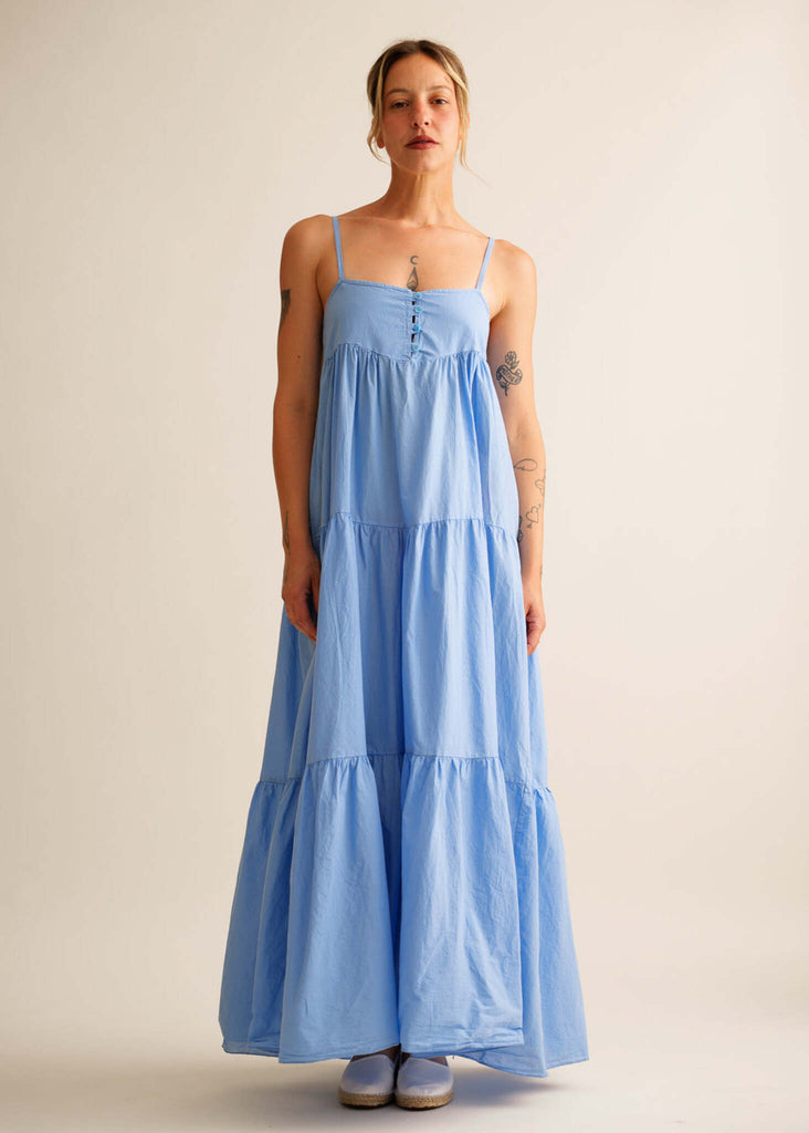 Mallorca Dress — Light blue tiered maxi dress on model — MYFASHIONFRUIT