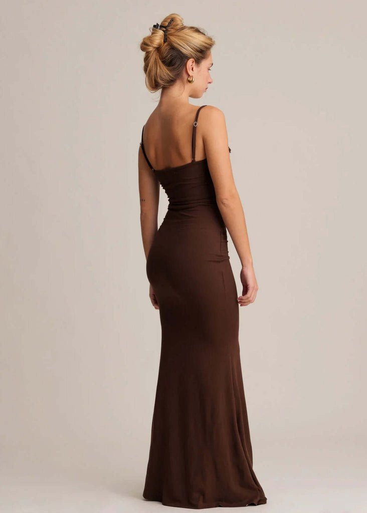 Iulia Dress — Brown slip dress on model — MYFASHIONFRUIT