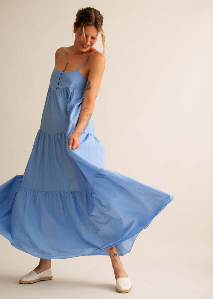 Mallorca Dress — Blue tiered dress on model — MYFASHIONFRUIT