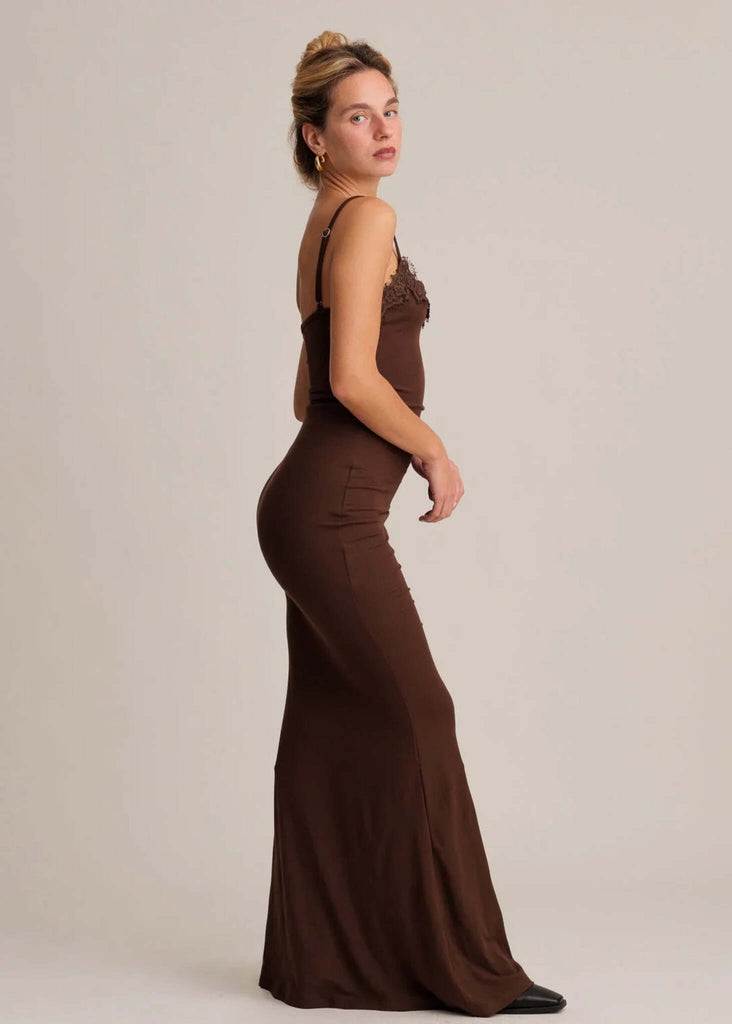 Iulia Dress — Brown lace top dress on model — MYFASHIONFRUIT