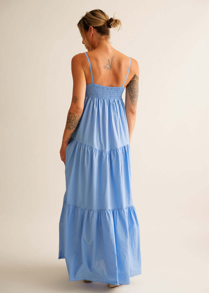 Mallorca Dress — Light blue tiered maxi dress on model viewed from back — MYFASHIONFRUIT