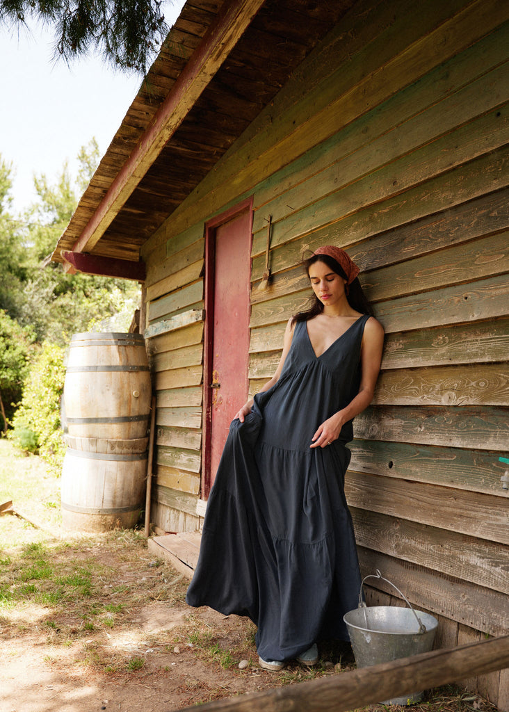 Gaea Dress — Navy tiered maxi dress on model — MYFASHIONFRUIT
