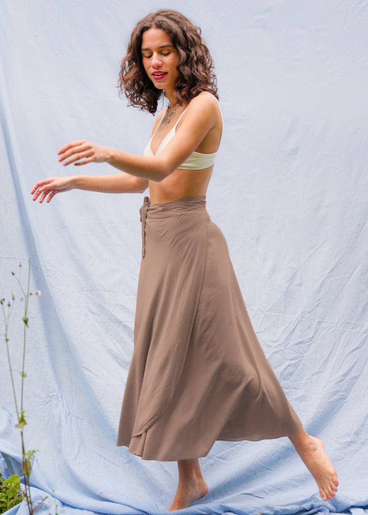 Alanis Latte Skirt — Brown wrap skirt on model — MYFASHIONFRUIT