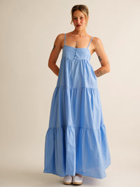 Mallorca Dress — Light blue tiered maxi dress on model — MYFASHIONFRUIT