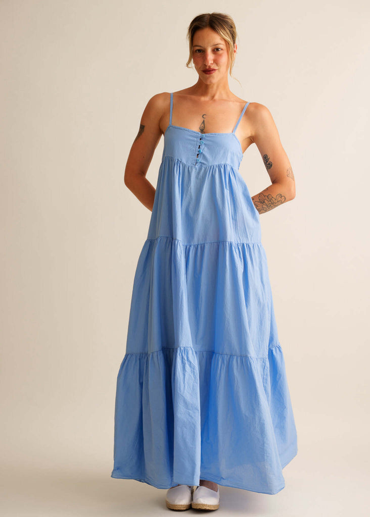 Mallorca Dress — Light blue tiered maxi dress on model — MYFASHIONFRUIT