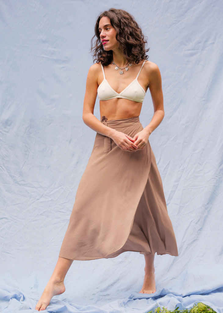 Alanis Latte Skirt — Brown wrap skirt on model — MYFASHIONFRUIT