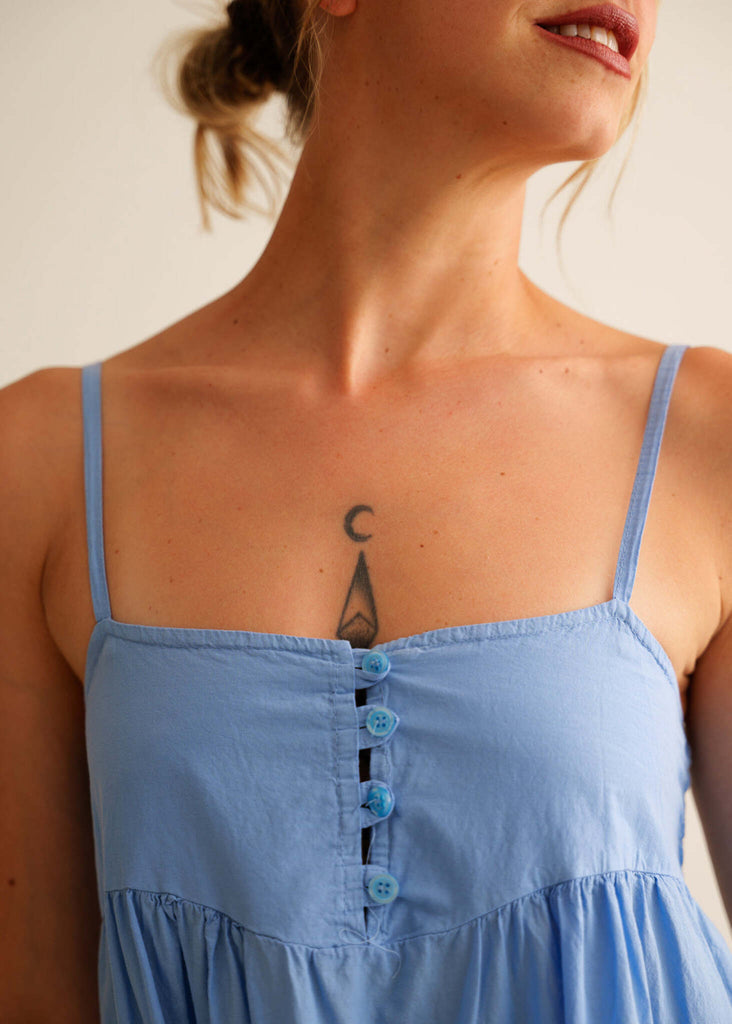 Mallorca Dress — Light blue dress with buttons on model — MYFASHIONFRUIT