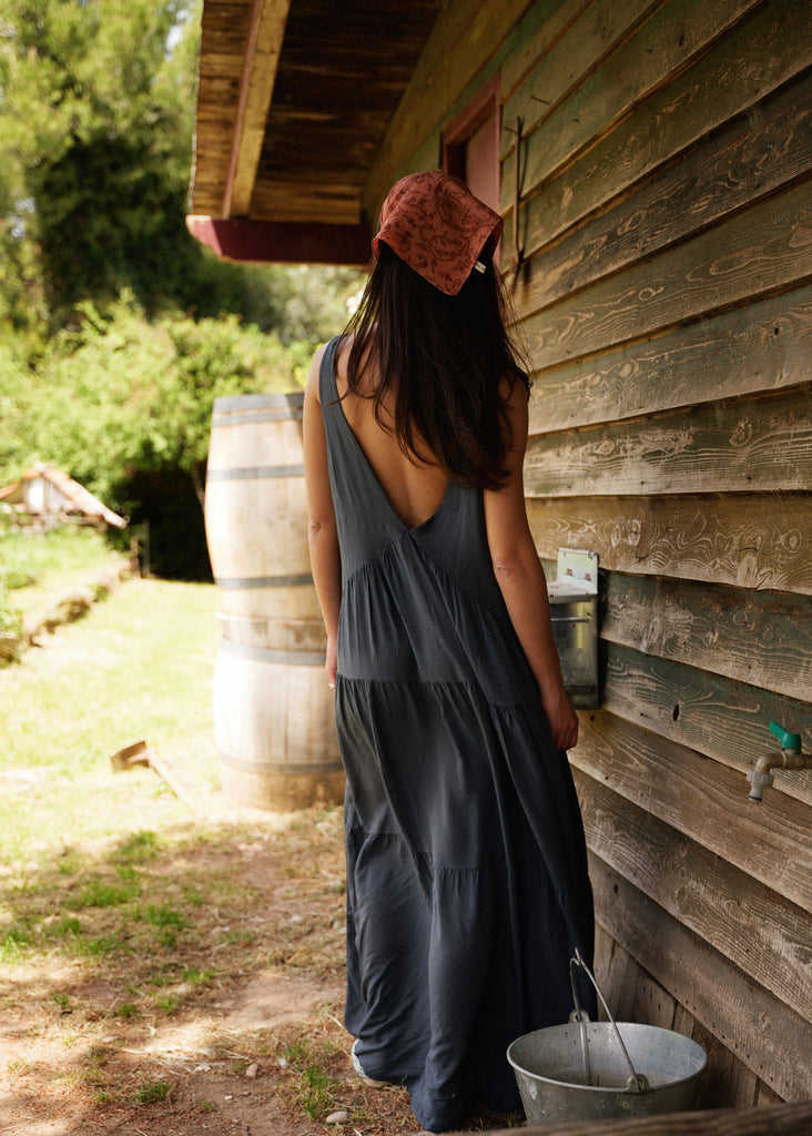 Gaea Dress — Grey tiered dress on model, back view — MYFASHIONFRUIT