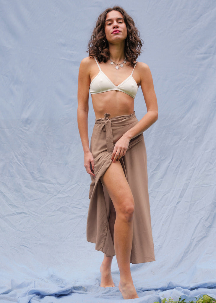 Alanis Latte Skirt — Brown wrap skirt on model — MYFASHIONFRUIT