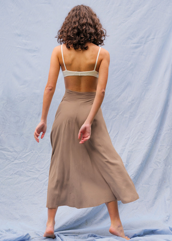 Alanis Latte Skirt — Brown skirt on model, back view — MYFASHIONFRUIT
