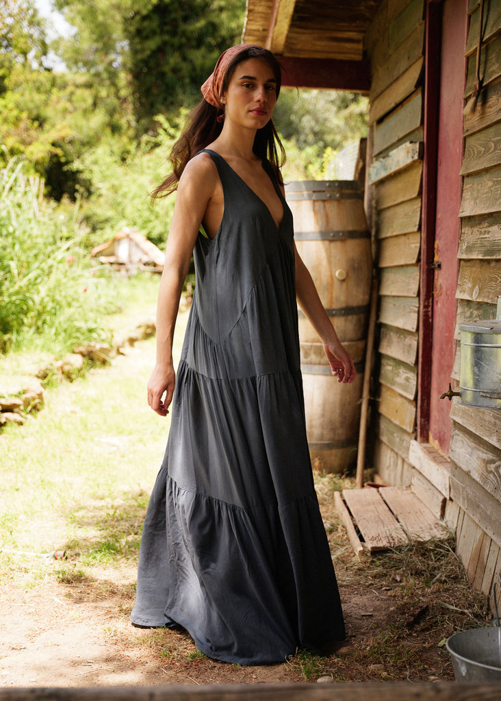 Gaea Dress — Gray tiered dress on model — MYFASHIONFRUIT