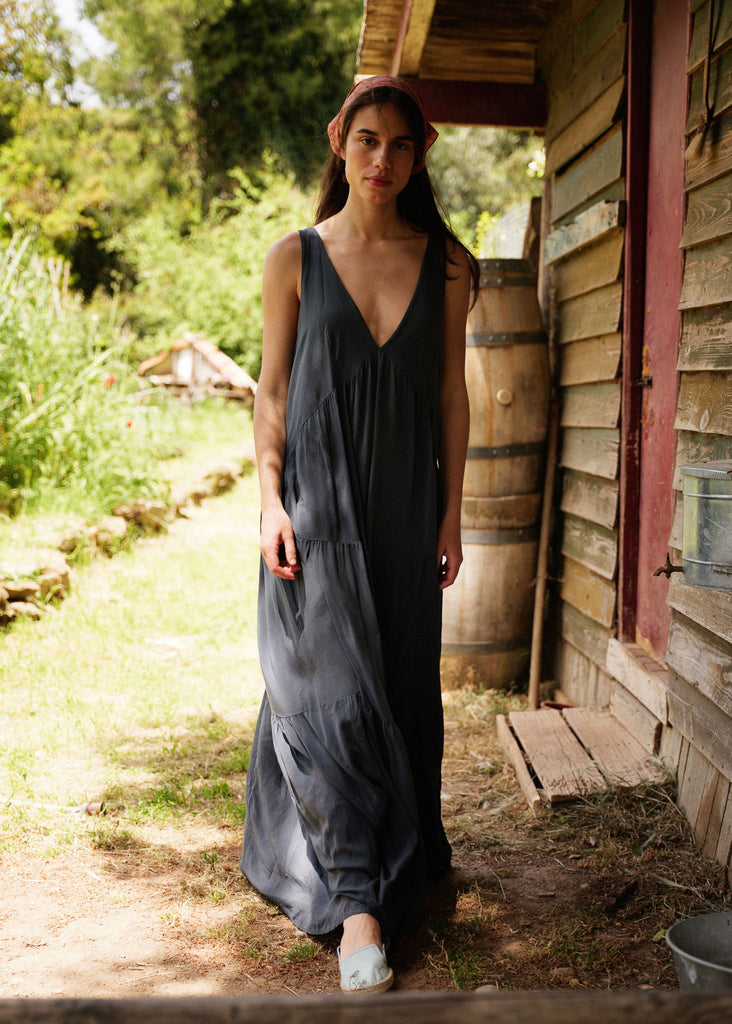 Gaea Dress — Grey tiered dress on model — MYFASHIONFRUIT