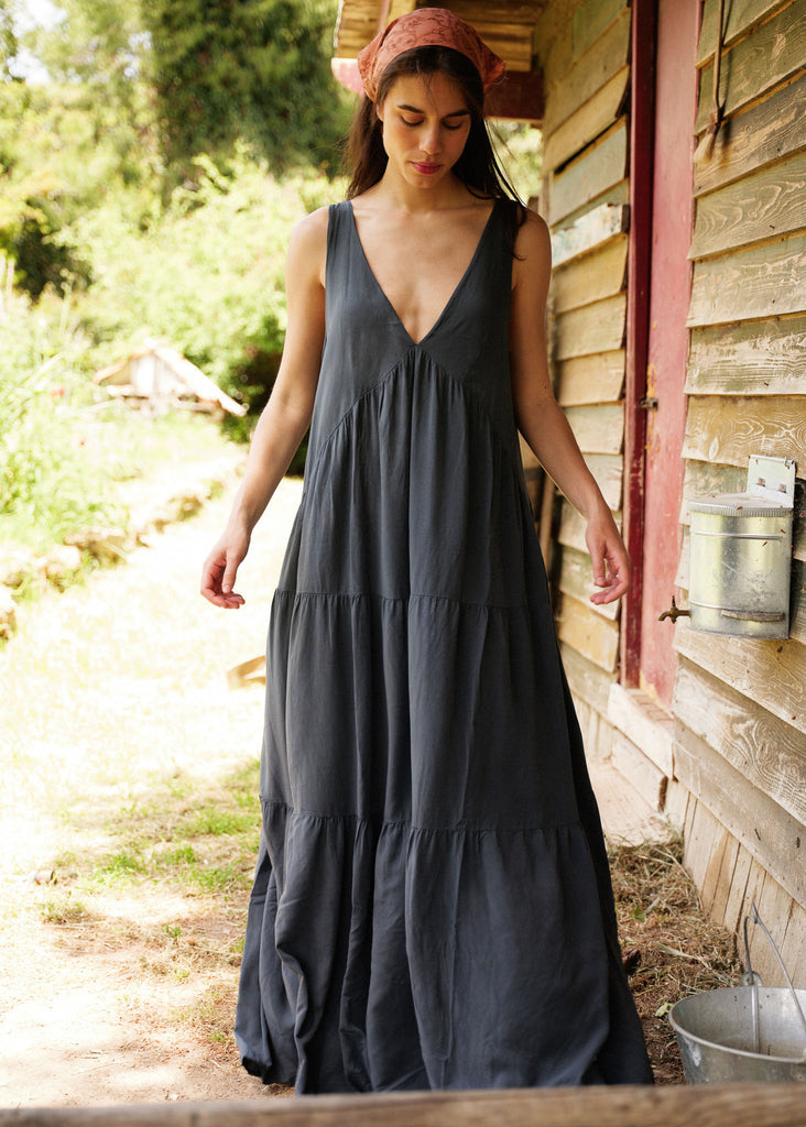 Gaea Dress — Dark grey tiered maxi dress on model — MYFASHIONFRUIT