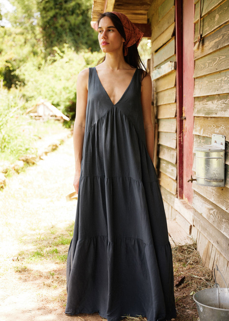 Gaea Dress — Grey tiered maxi dress on model — MYFASHIONFRUIT