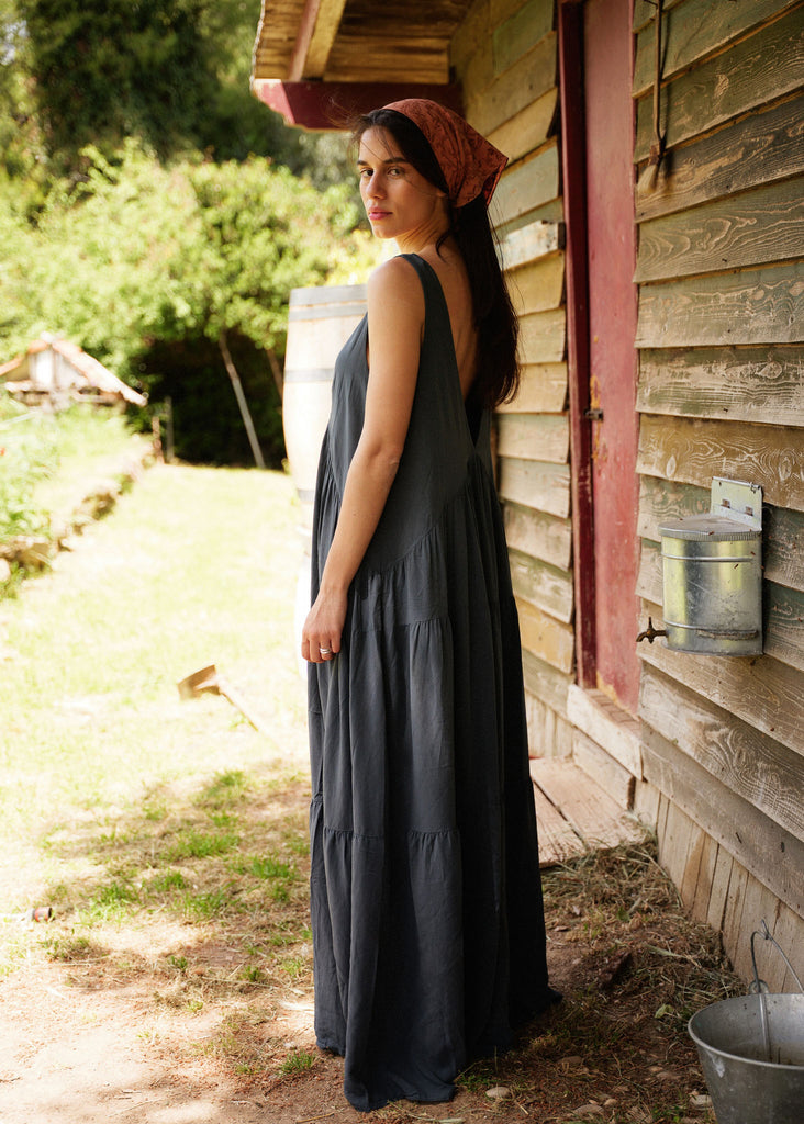 Gaea Dress — Dark gray tiered dress on model — MYFASHIONFRUIT