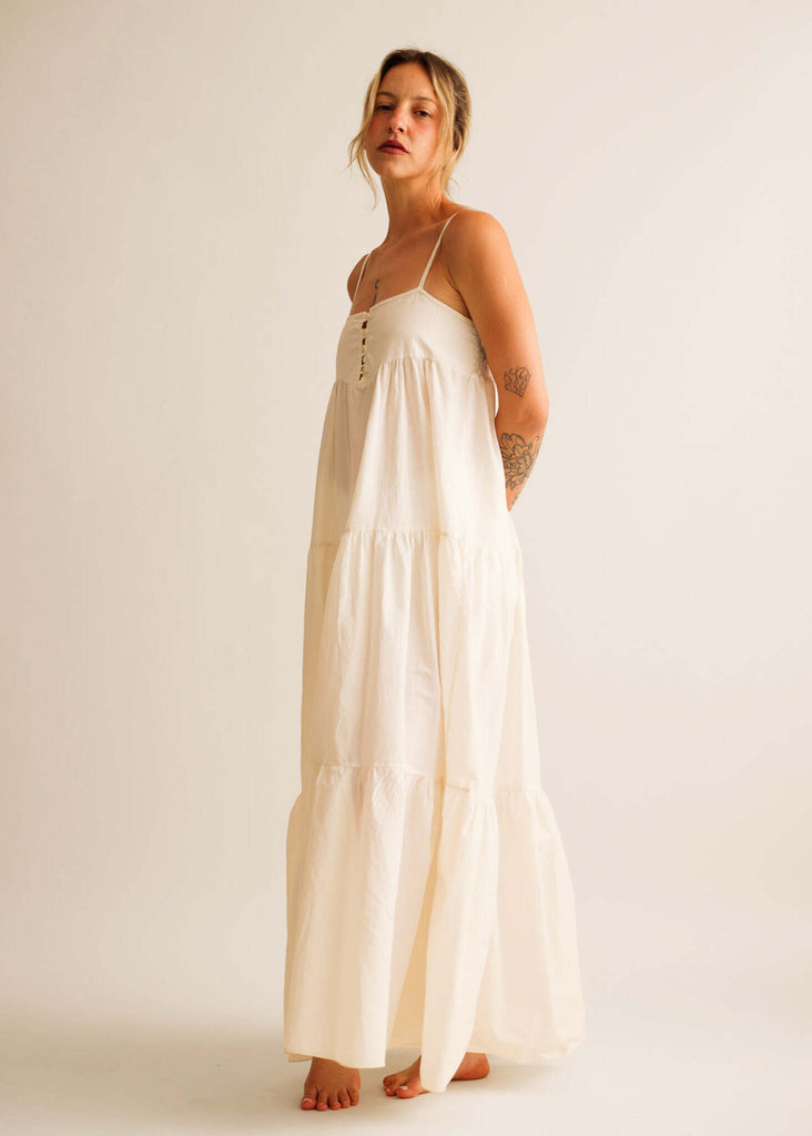 Mallorca Dress — White tiered maxi on model — MYFASHIONFRUIT