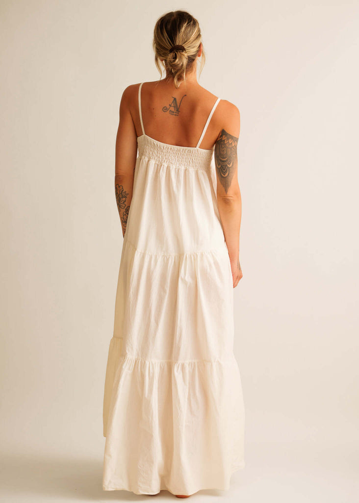 Mallorca Dress — Cream tiered maxi dress on model — MYFASHIONFRUIT