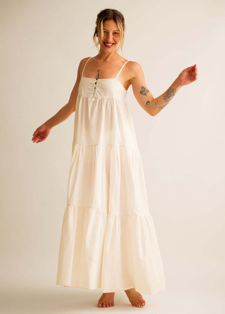 Mallorca Dress — White tiered dress on model — MYFASHIONFRUIT