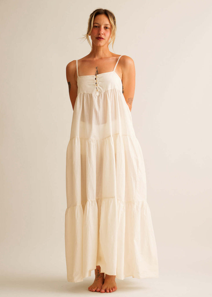 Mallorca Dress — Cream tiered dress on model — MYFASHIONFRUIT