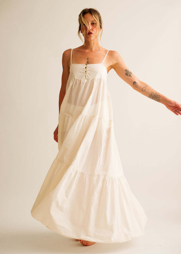 Mallorca Dress — Cream tiered maxi dress on model — MYFASHIONFRUIT