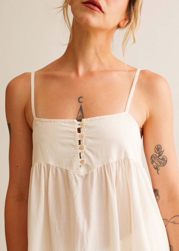 Mallorca Dress — on model, organic cotton, ecru, button detail — MYFASHIONFRUIT