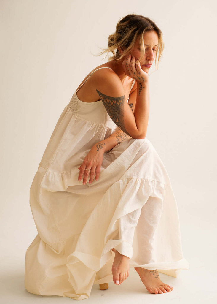 Mallorca Dress — Ivory maxi dress on model — MYFASHIONFRUIT