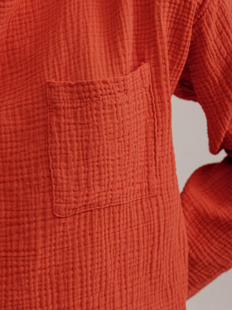 Siesta Top — detail of orange muslin with front pocket — MYFASHIONFRUIT
